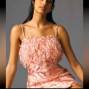 Anthropologie, pink, feathered, metallic mini dress